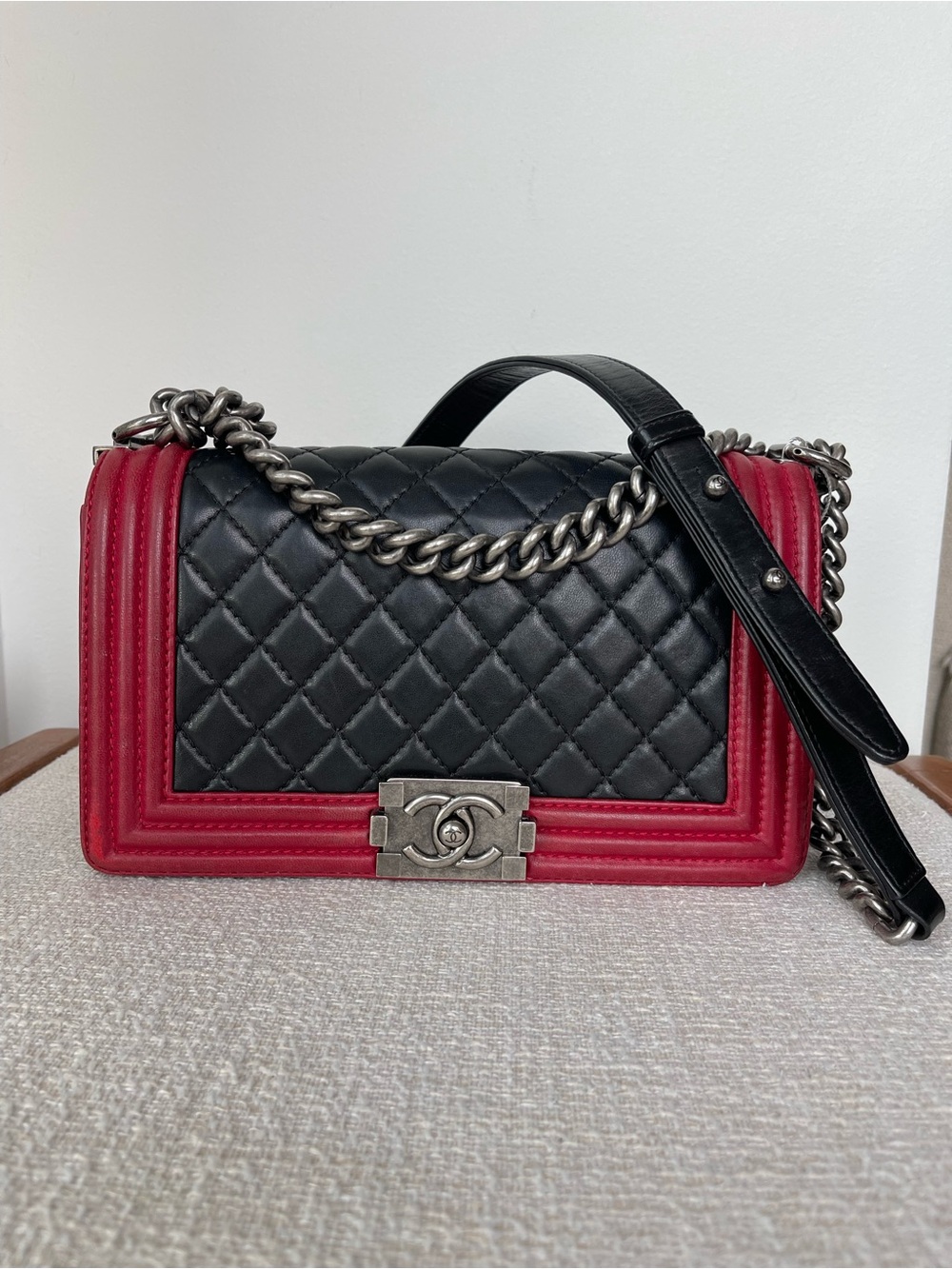 Chanel Black & Red Quilted Boy Medium Bag with Aged Silver Chain